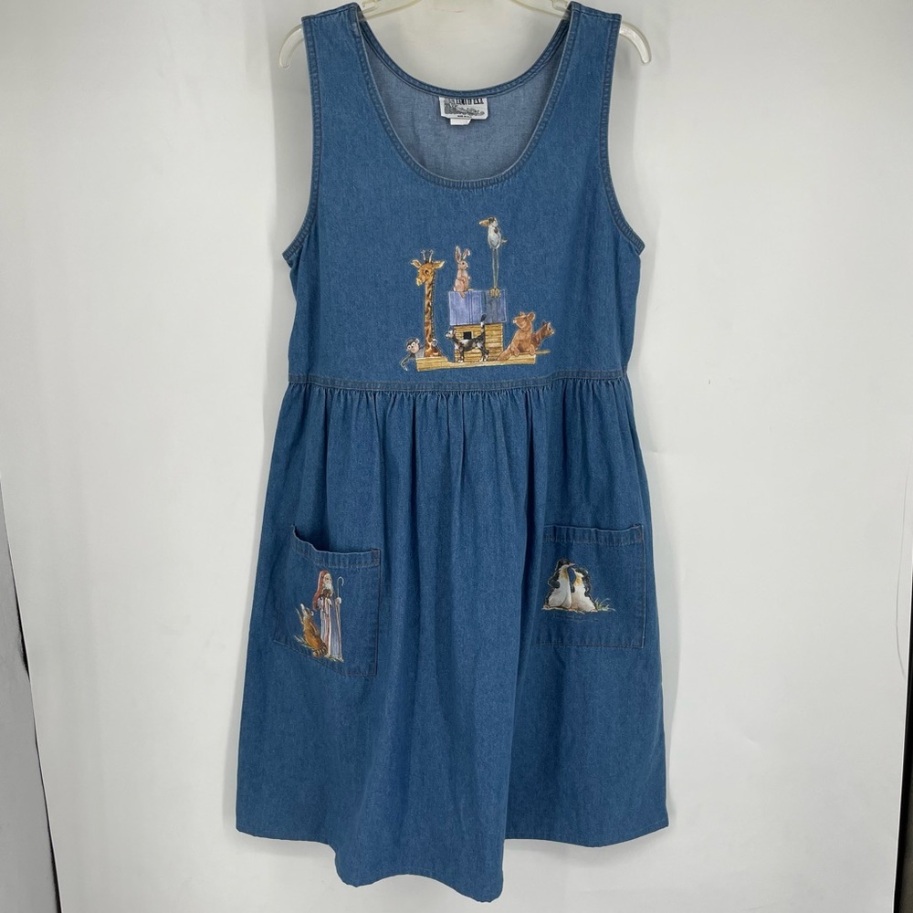 Vintage 90s Carolyn Shores Wright Noah’s Ark Denim Chambray Dress Large Cotton